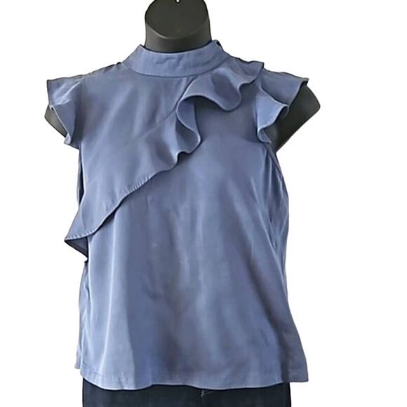 NWOT Chelsea & Theodore Blue Sleeveless Ruffle Front Blouse Women’s Size Large - Picture 2 of 6